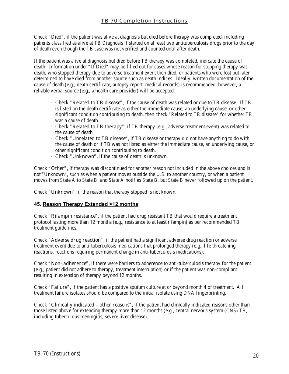 Instructions for Form TB-70 New Jersey Tuberculosis Case, Suspect and Status Report - New Jersey, Page 20