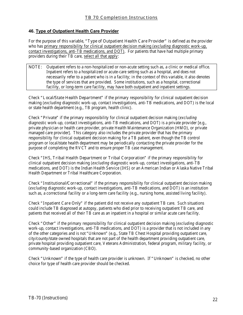 Instructions for Form TB-70 New Jersey Tuberculosis Case, Suspect and Status Report - New Jersey, Page 22