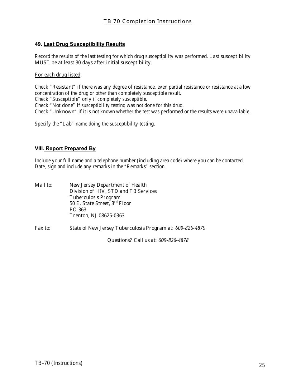 Instructions for Form TB-70 New Jersey Tuberculosis Case, Suspect and Status Report - New Jersey, Page 25