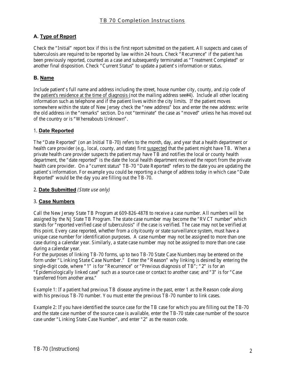 Instructions for Form TB-70 New Jersey Tuberculosis Case, Suspect and Status Report - New Jersey, Page 2