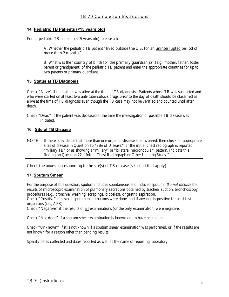 Instructions for Form TB-70 New Jersey Tuberculosis Case, Suspect and Status Report - New Jersey, Page 5