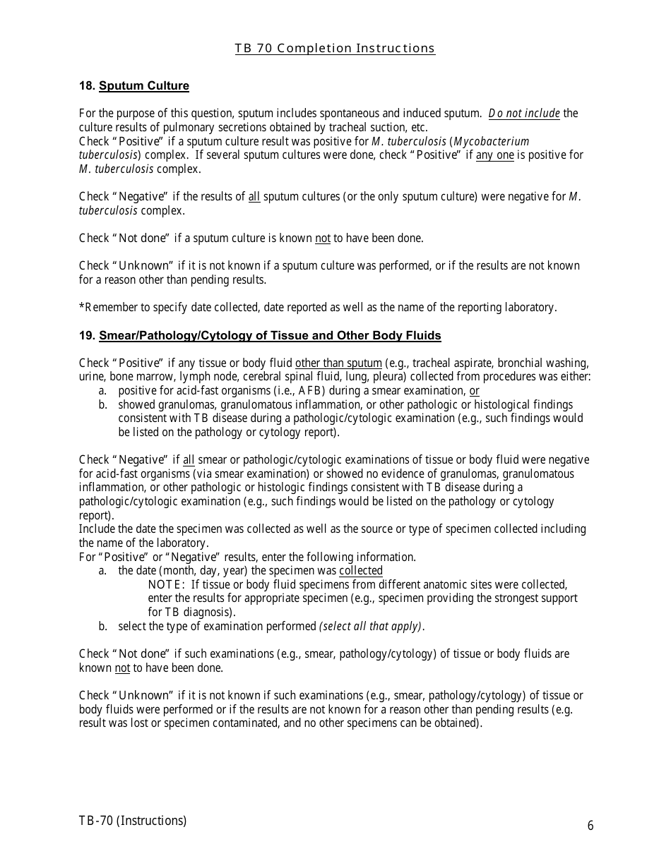 Instructions for Form TB-70 New Jersey Tuberculosis Case, Suspect and Status Report - New Jersey, Page 6