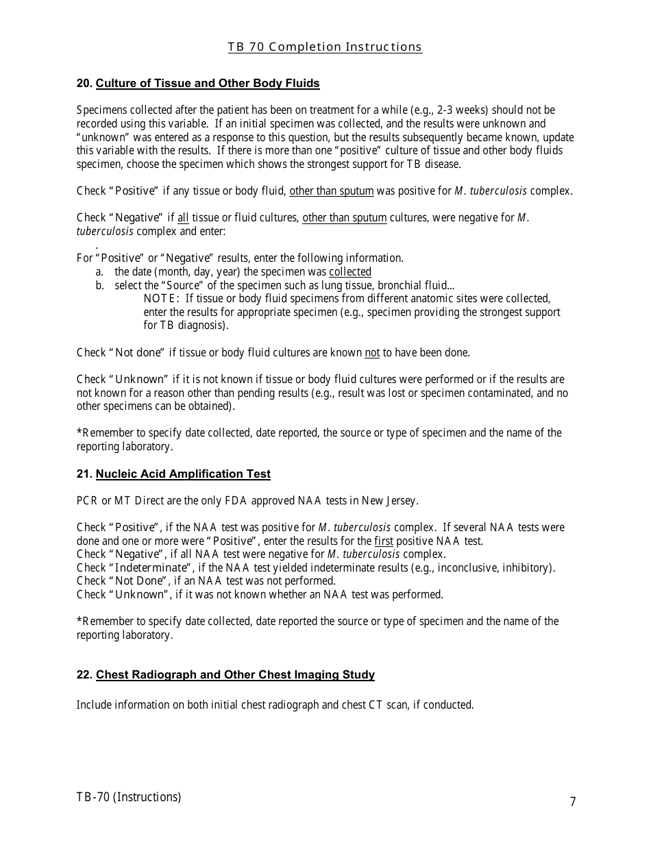 Instructions for Form TB-70 New Jersey Tuberculosis Case, Suspect and Status Report - New Jersey, Page 7