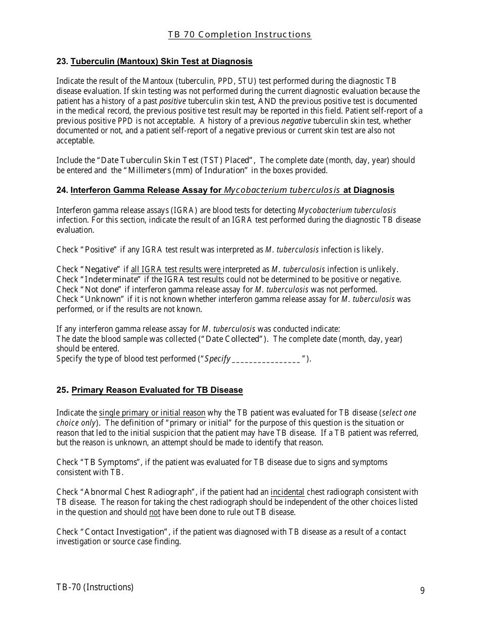 Instructions for Form TB-70 New Jersey Tuberculosis Case, Suspect and Status Report - New Jersey, Page 9