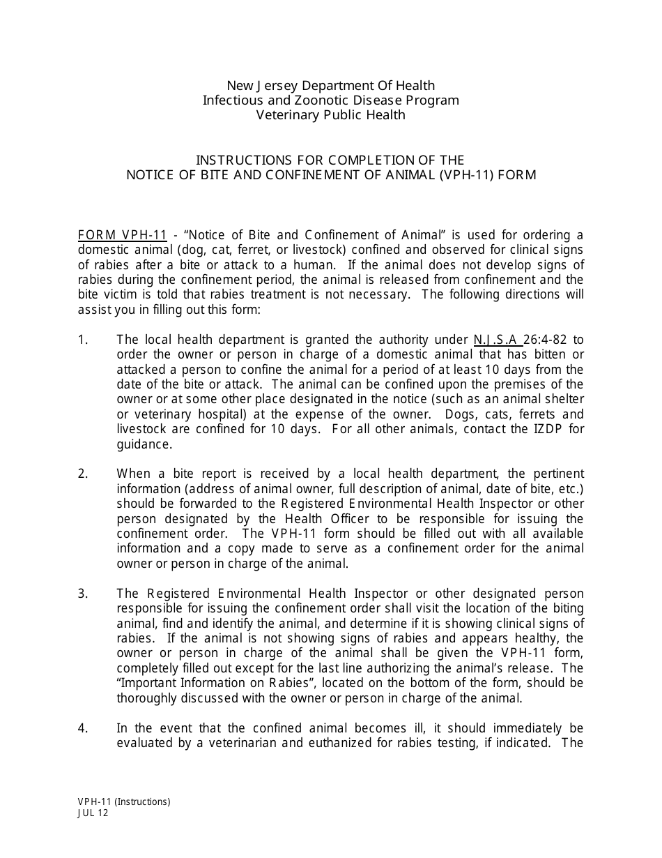 Instructions for Form VPH-11 Notice of Animal Bite and Confinement - New Jersey, Page 1