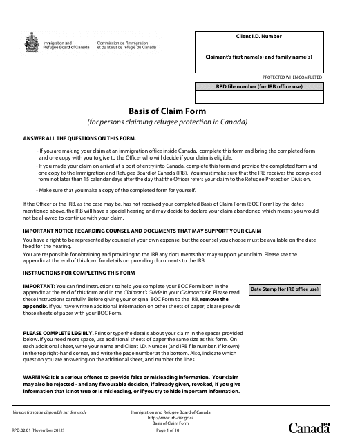 Basis of Claim Form - Canada