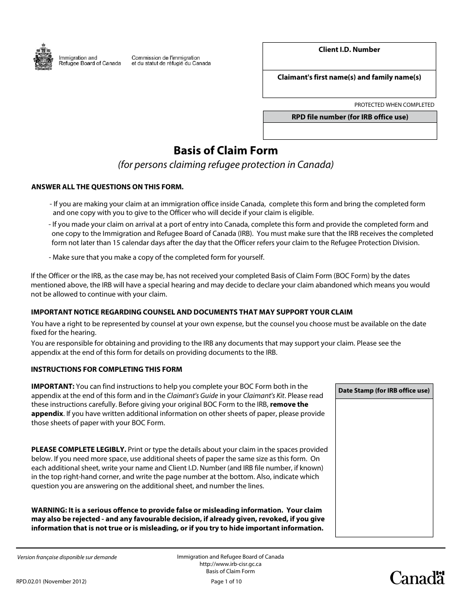Canada Basis of Claim Form Fill Out, Sign Online and Download PDF