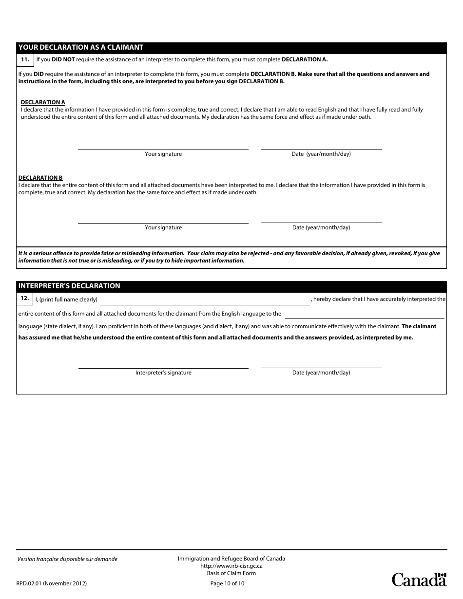 Basis of Claim Form - Canada, Page 10