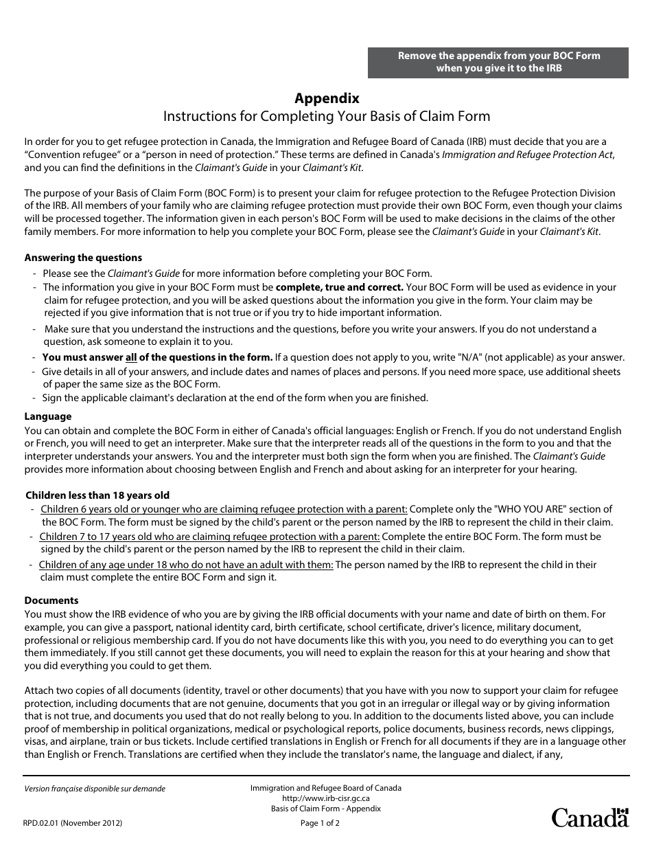 Basis of Claim Form - Canada, Page 11