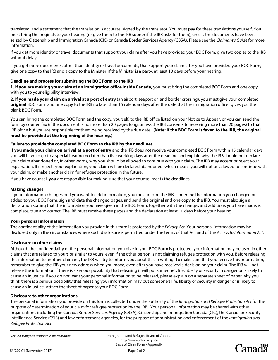 Basis of Claim Form - Canada, Page 12