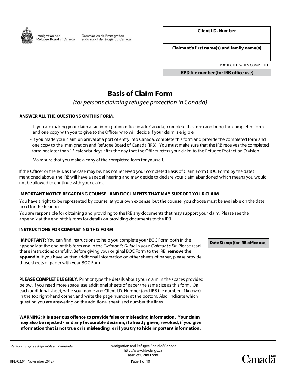 Basis of Claim Form - Canada, Page 1