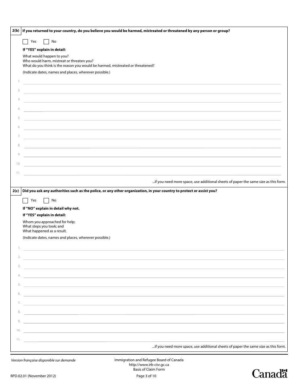 Basis of Claim Form - Canada, Page 3