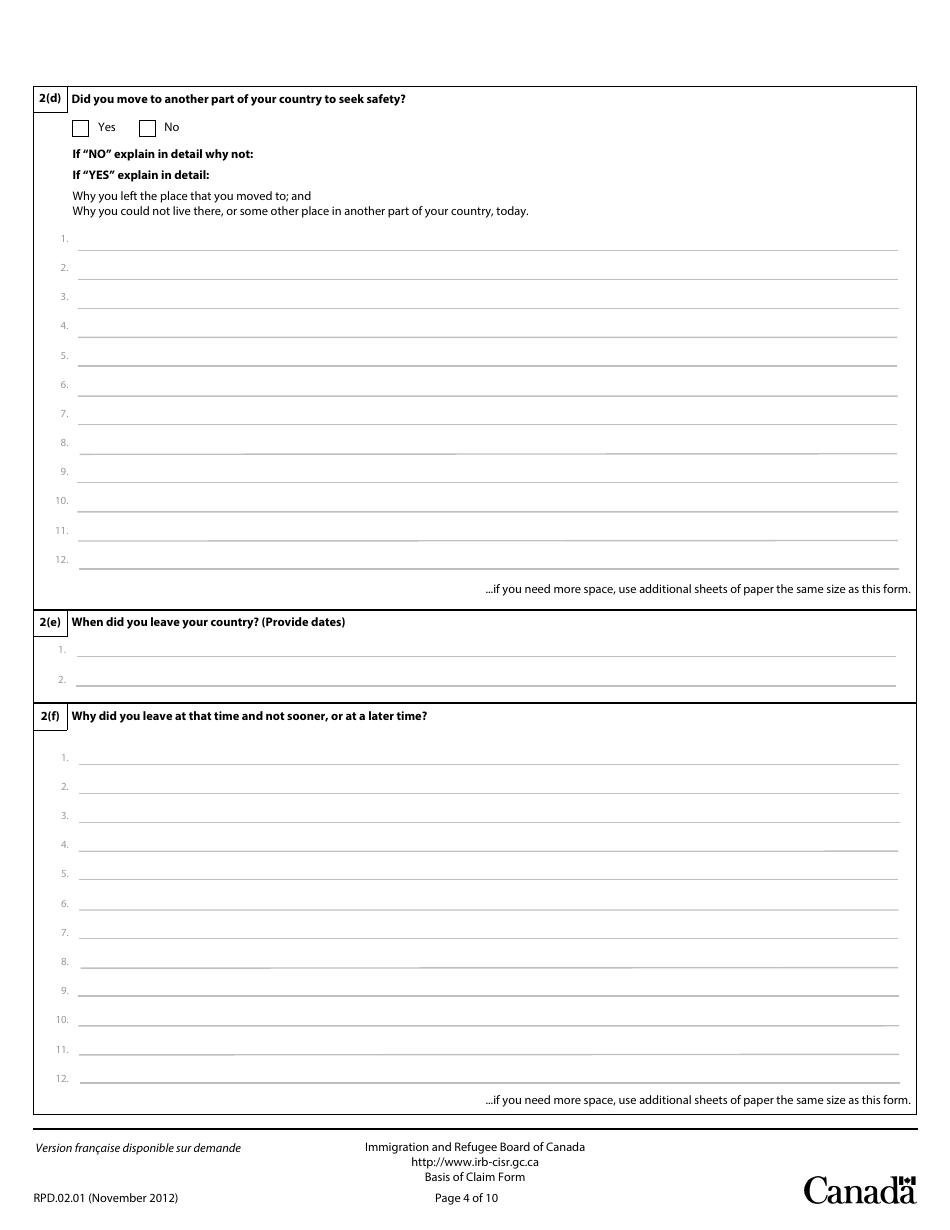 Basis of Claim Form - Canada, Page 4