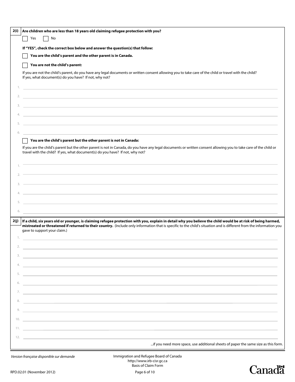 Basis of Claim Form - Canada, Page 6