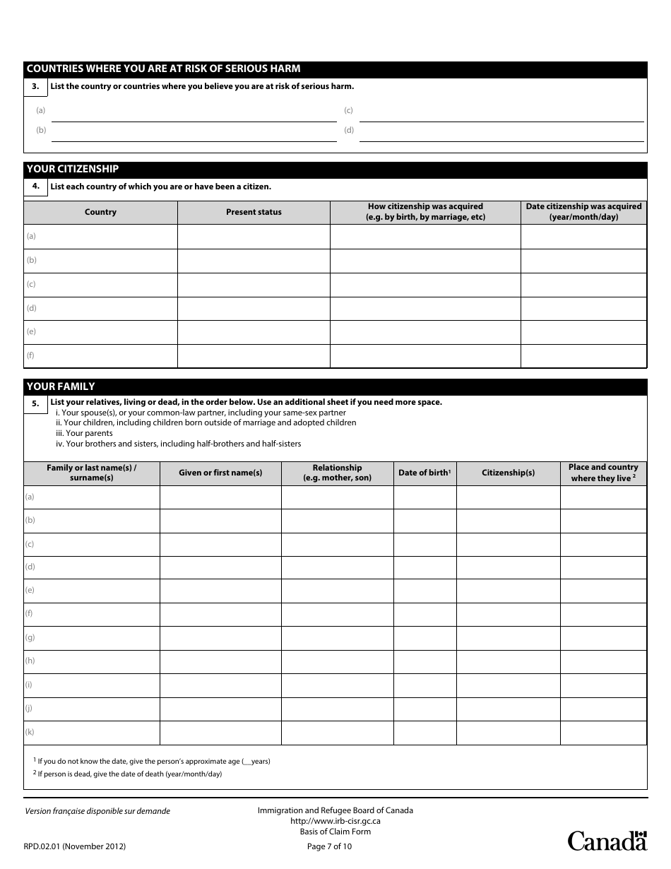 Basis of Claim Form - Canada, Page 7