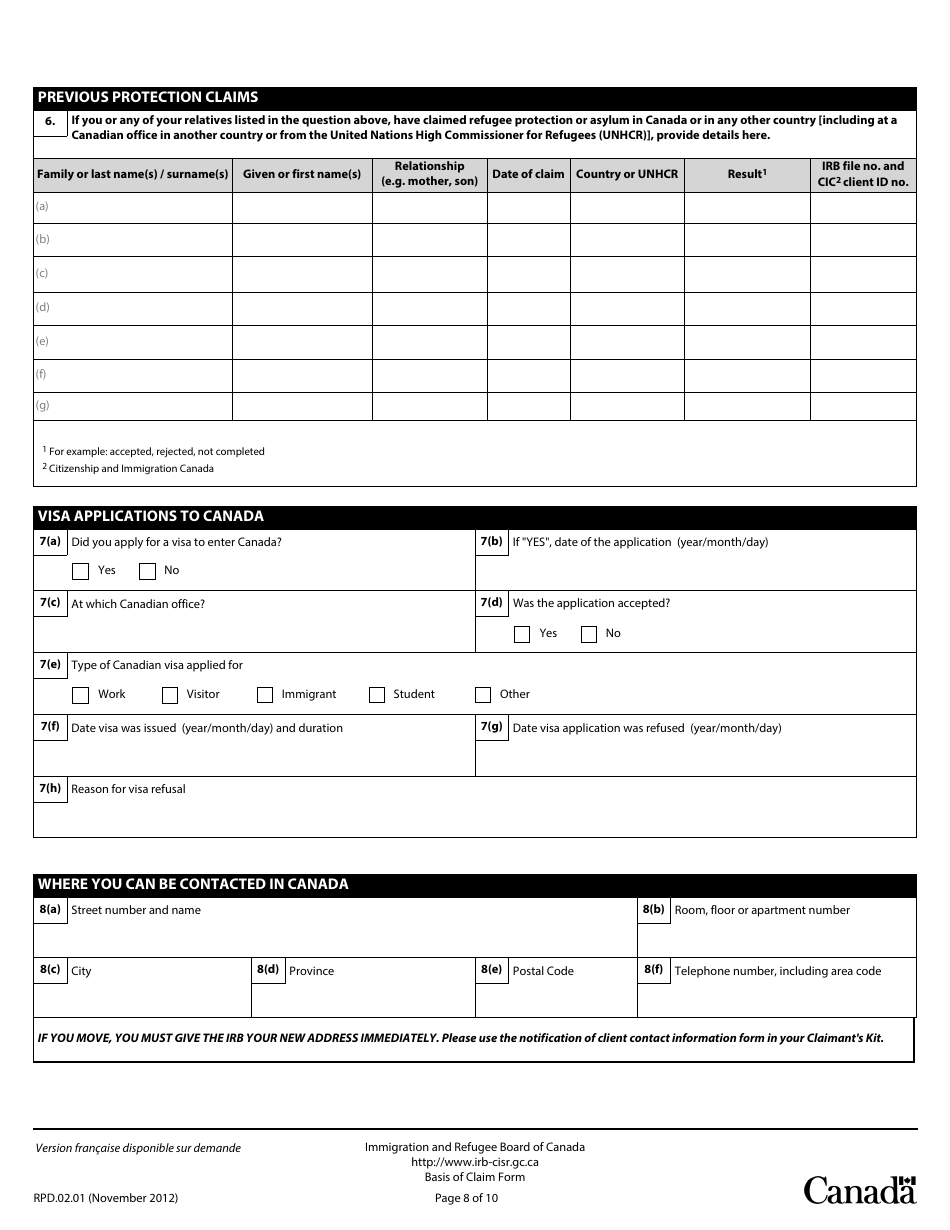 Basis of Claim Form - Canada, Page 8