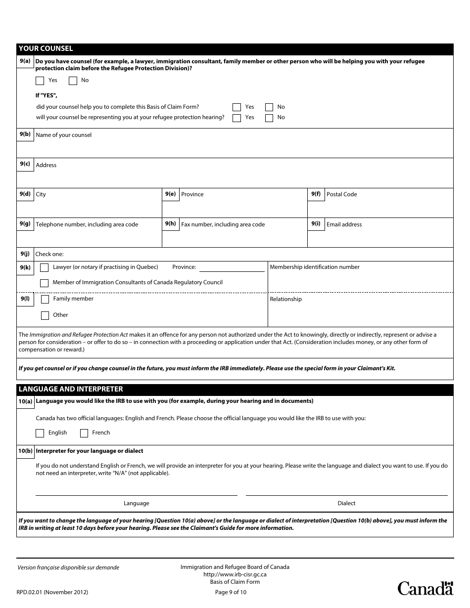 Basis of Claim Form - Canada, Page 9