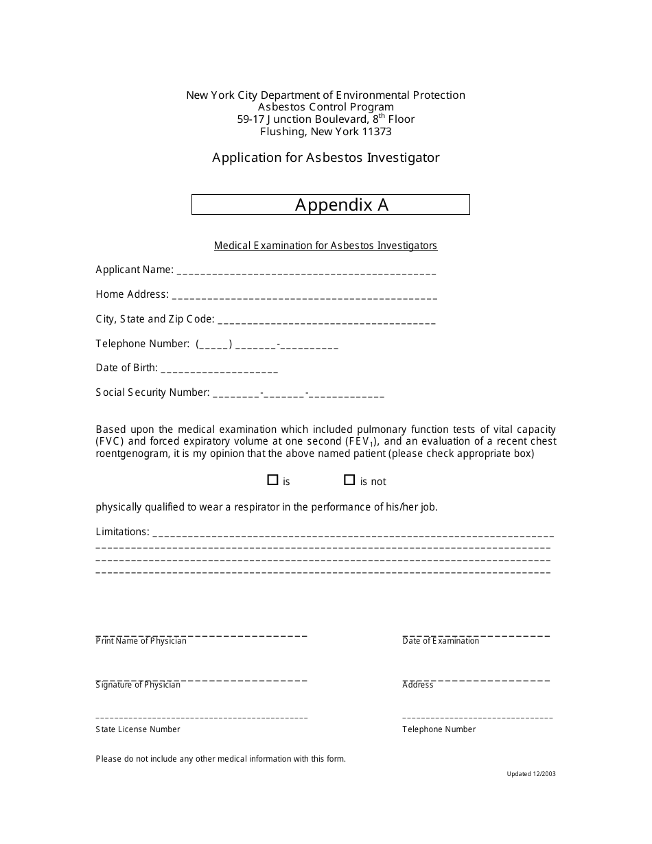 Appendix A Application for Asbestos Investigator - New York City, Page 1