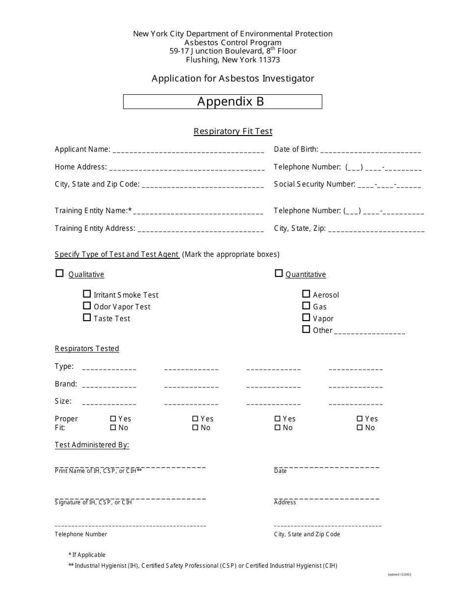Appendix B Application for Asbestos Investigator - New York City, Page 1