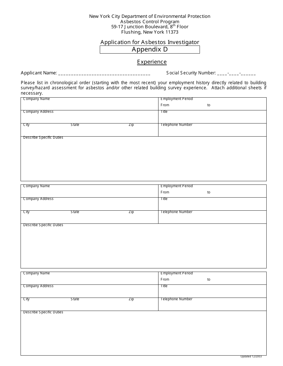 Appendix D Application for Asbestos Investigator - New York City, Page 1