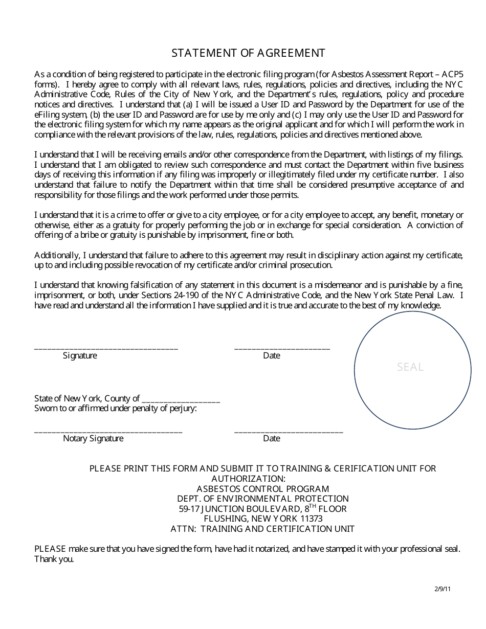 New York City Statement of Agreement - Fill Out, Sign Online and ...