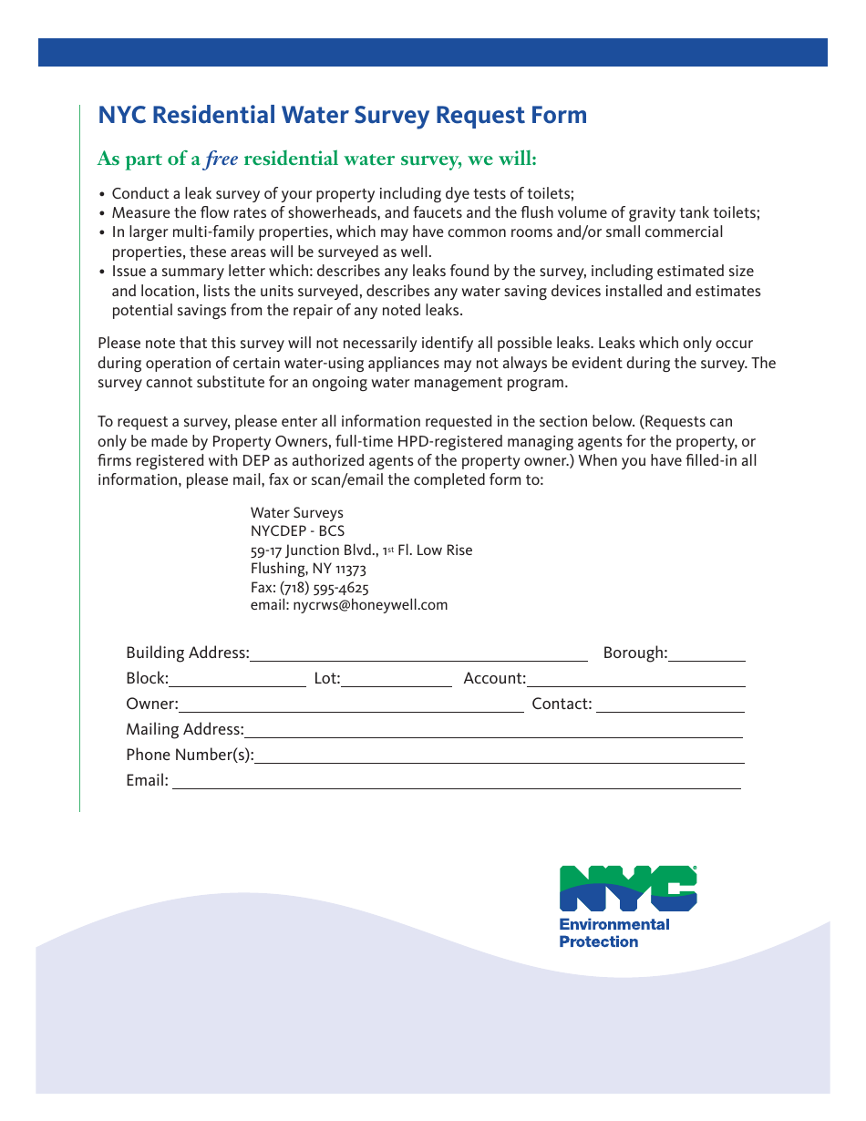Nyc Residential Water Survey Request Form - New York City, Page 1