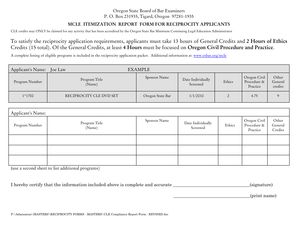 Oregon Mcle Itemization Report Form for Reciprocity Applicants Fill
