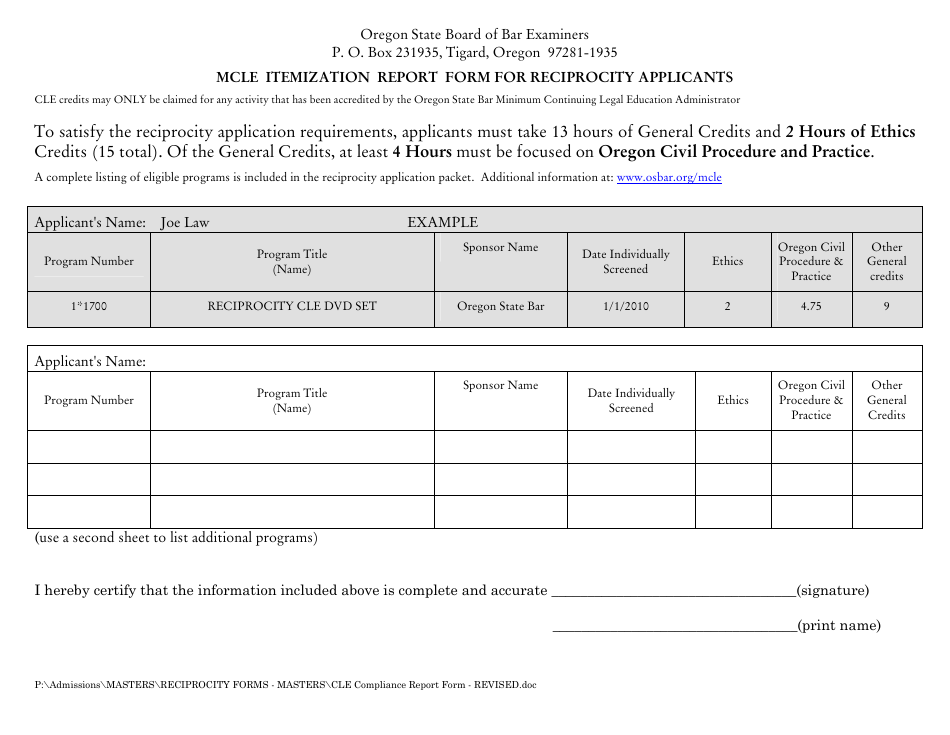 Mcle Itemization Report Form for Reciprocity Applicants - Oregon, Page 1