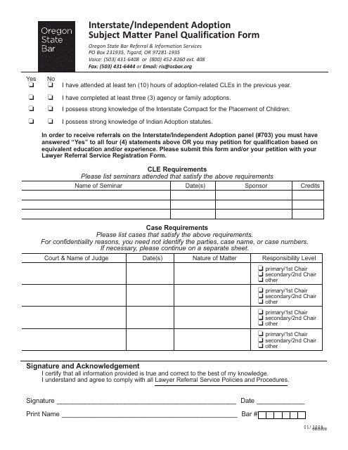 Interstate / Independent Adoption Subject Matter Panel Qualification Form - Oregon Download Pdf