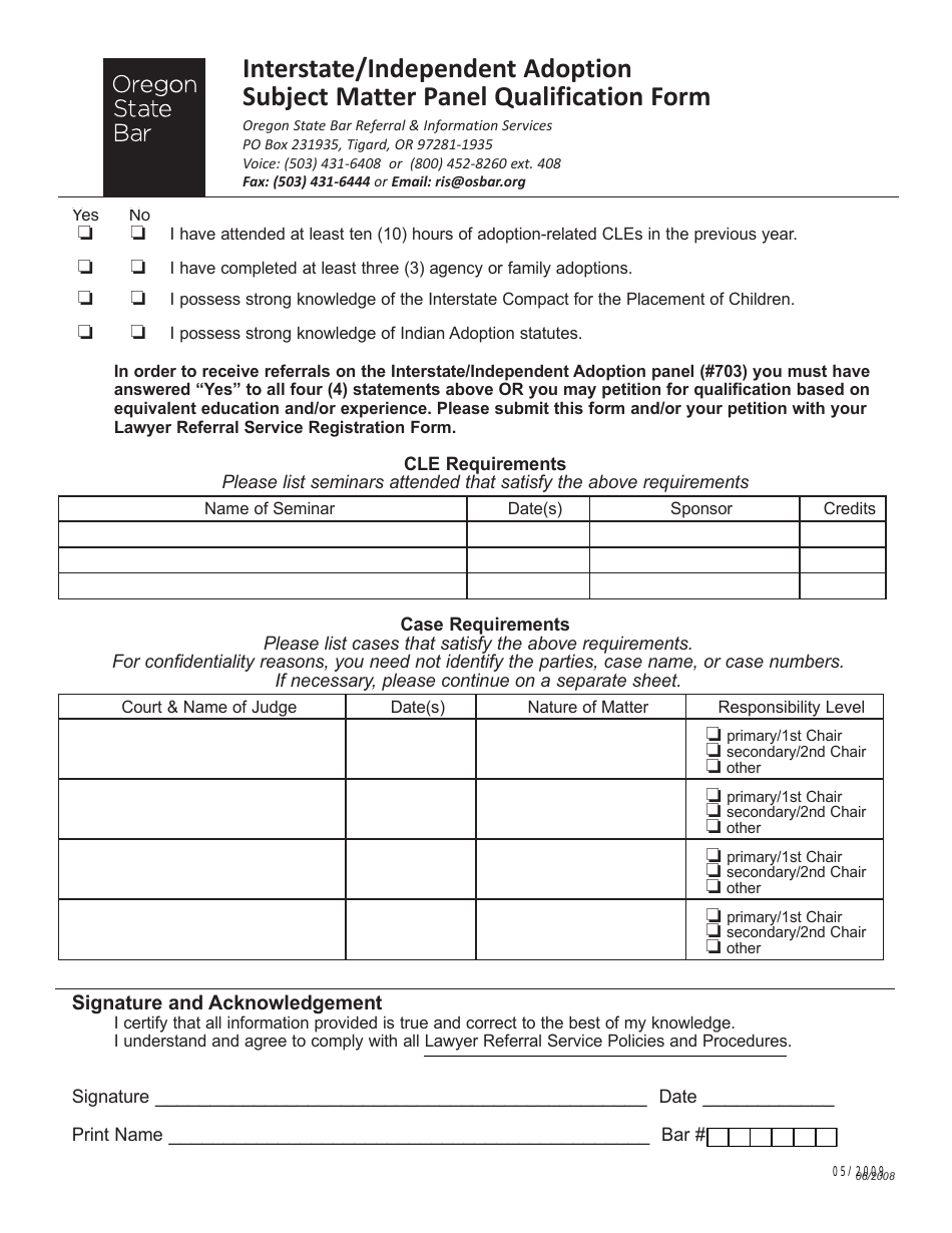 Oregon Interstate/Independent Adoption Subject Matter Panel Qualification Form Fill Out, Sign