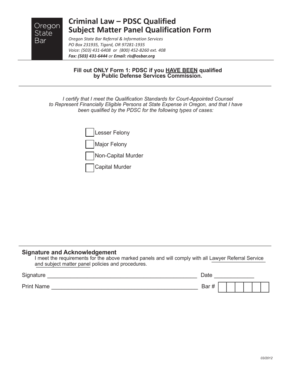 Criminal Law Subject Matter Panel Qualification Form - Pdsc Qualified - Oregon, Page 1