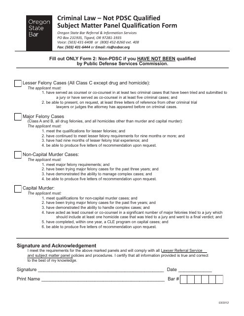 Criminal Law Subject Matter Panel Qualification Form - Not Pdsc Qualified - Oregon Download Pdf
