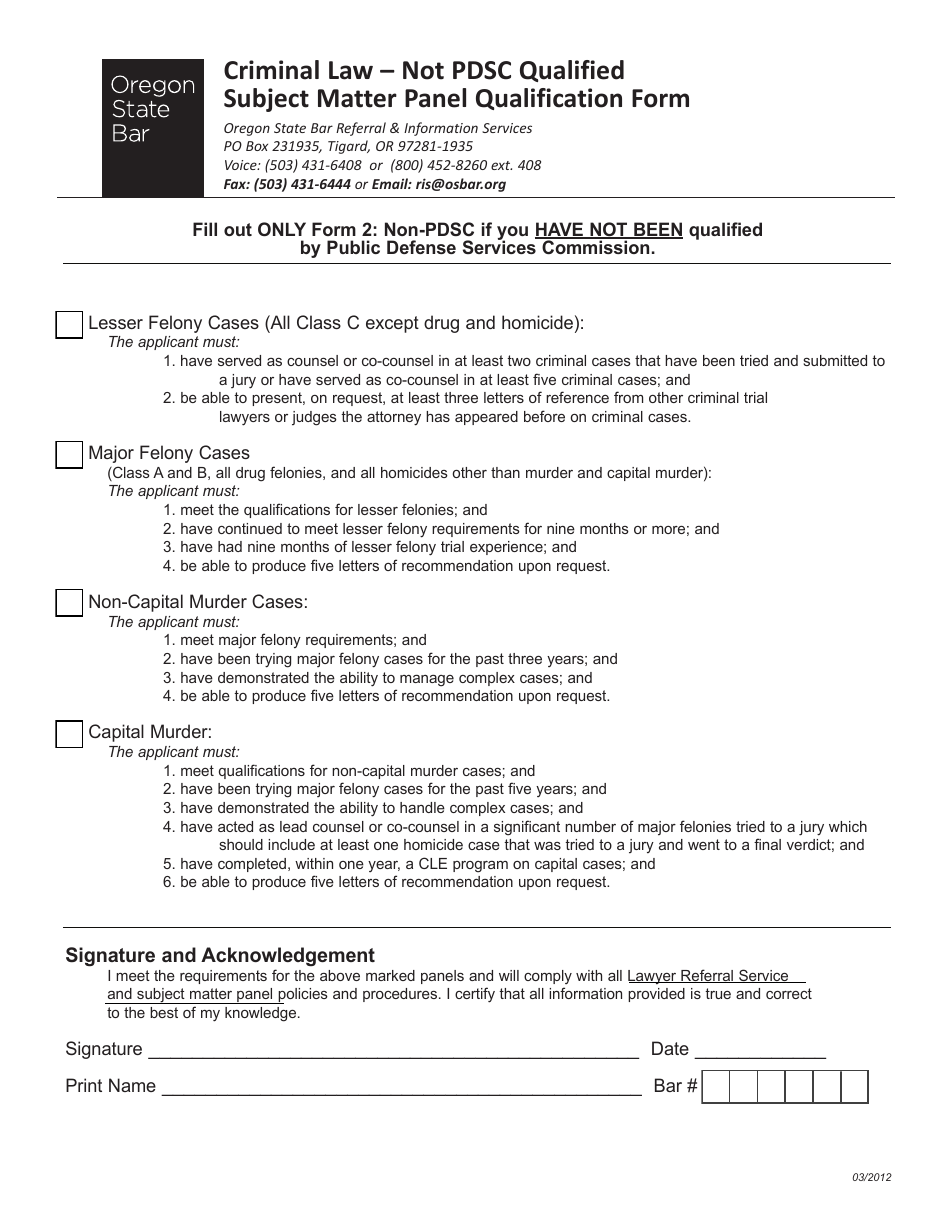 Criminal Law Subject Matter Panel Qualification Form - Not Pdsc Qualified - Oregon, Page 1