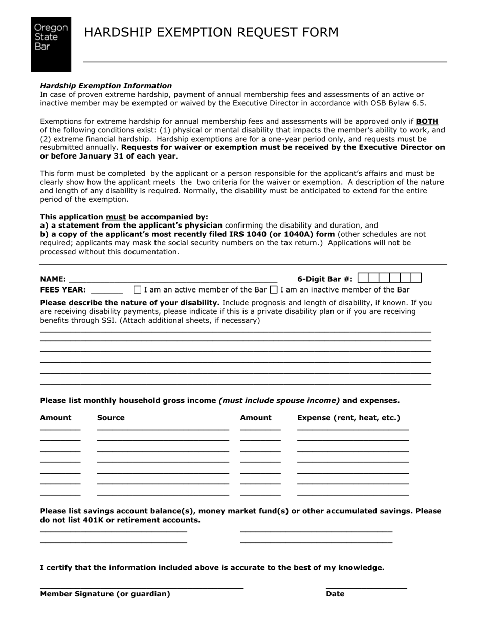 Oregon Hardship Exemption Request Form Download Fillable PDF