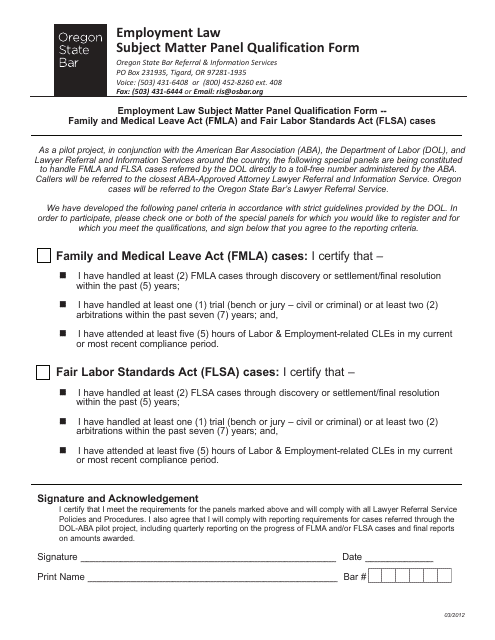 Employment Law Subject Matter Panel Qualification Form - Oregon Download Pdf