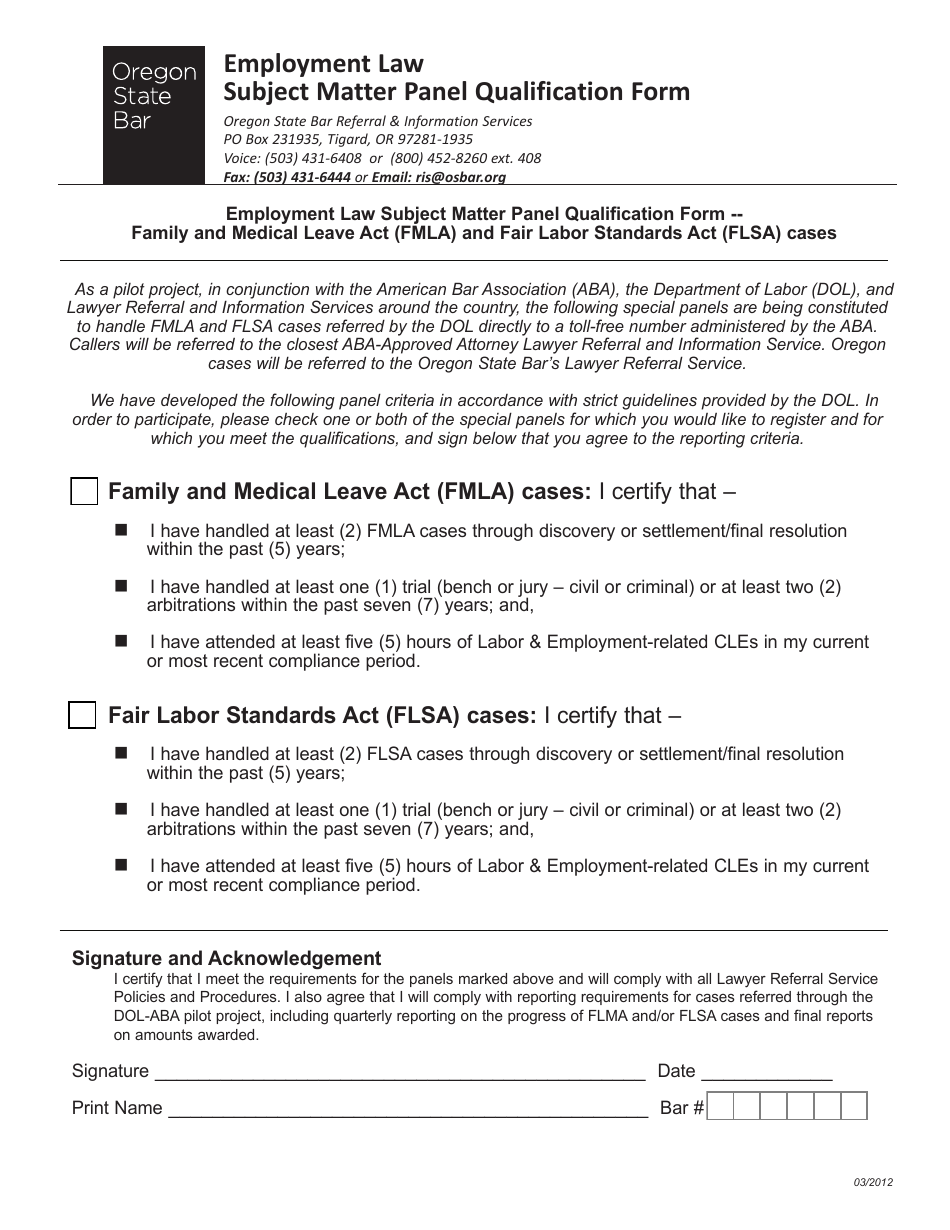 Employment Law Subject Matter Panel Qualification Form - Oregon, Page 1