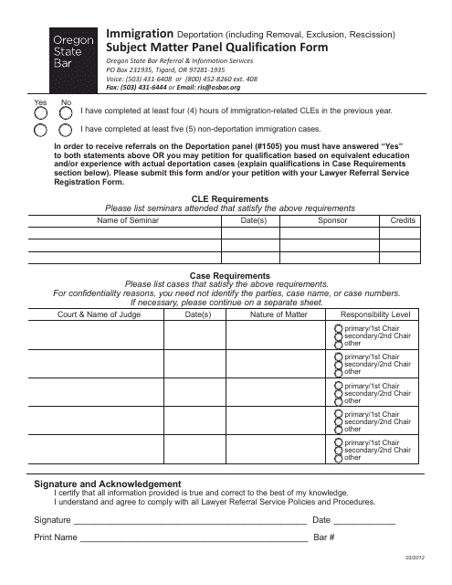 Immigration Subject Matter Panel Qualification Form - Oregon