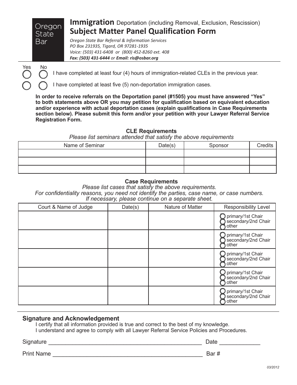 Immigration Subject Matter Panel Qualification Form - Oregon, Page 1