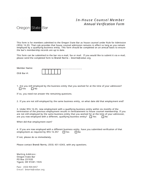 In-house Counsel Member Annual Verification Form - Oregon Download Pdf