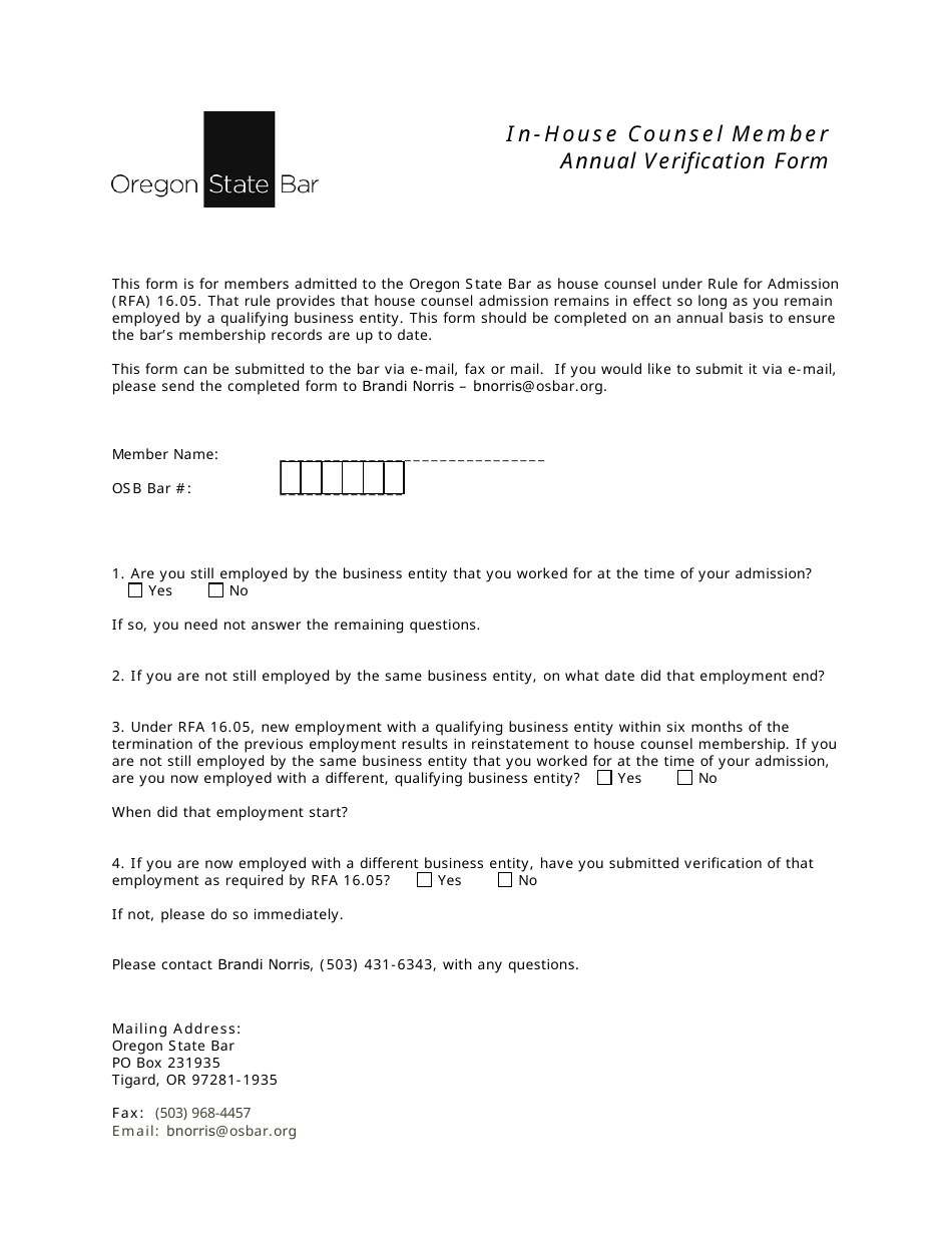 In-house Counsel Member Annual Verification Form - Oregon, Page 1