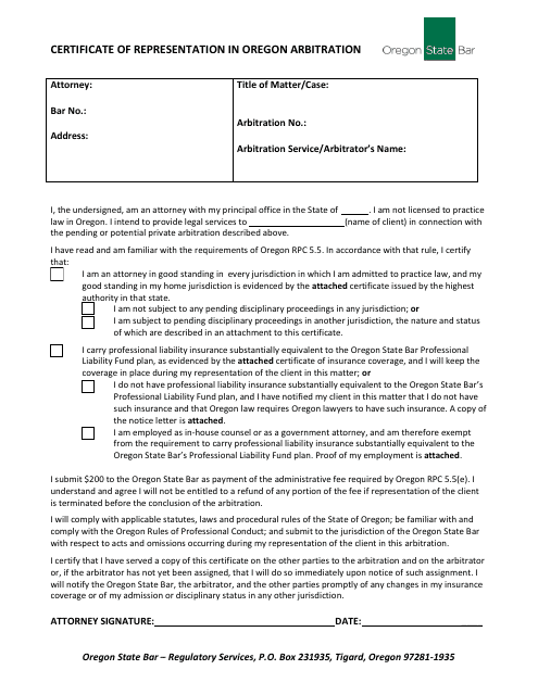 Certificate of Representation in Oregon Arbitration - Oregon