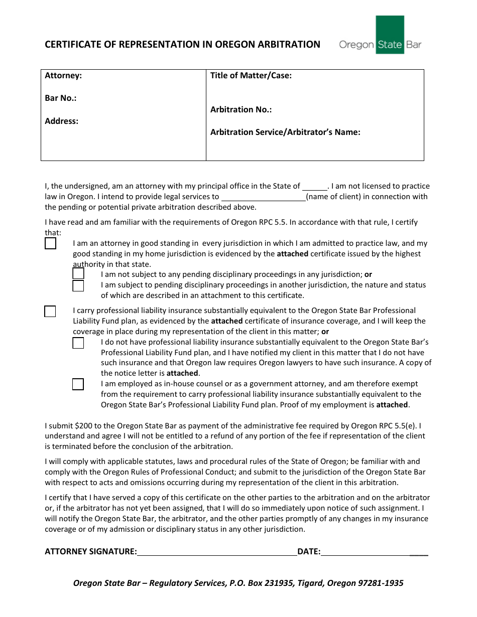 Certificate of Representation in Oregon Arbitration - Oregon, Page 1