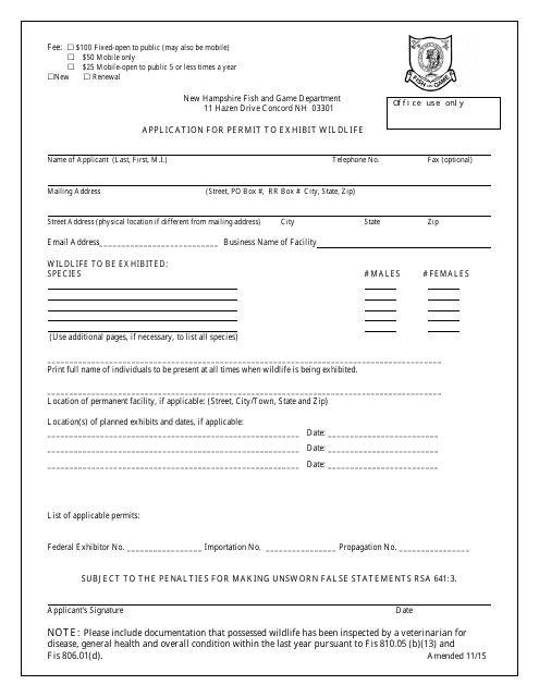 Application for Permit to Exhibit Wildlife - New Hampshire Download Pdf
