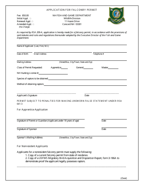 Application for Falconry Permit - New Hampshire Download Pdf