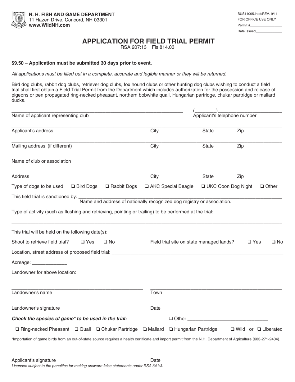 Form BUS11005 Application for Field Trial Permit - New Hampshire, Page 1