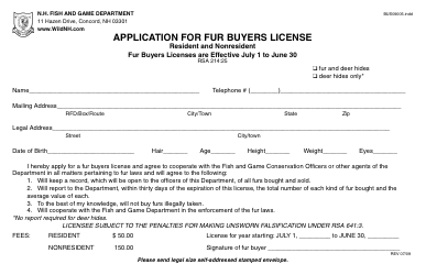 Document preview: Form BUS09005 Application for Fur Buyers License - New Hampshire