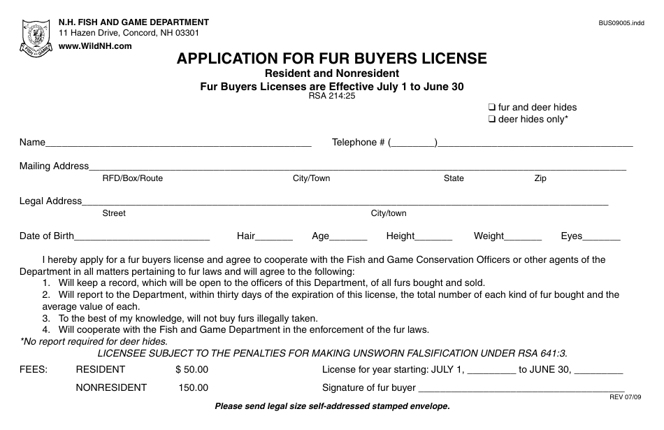 Form BUS09005 Application for Fur Buyers License - New Hampshire, Page 1