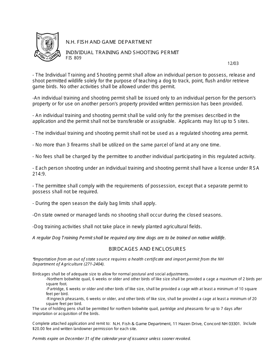 Form BUS0310H Application for Individual Training and Shooting Permit - New Hampshire, Page 1