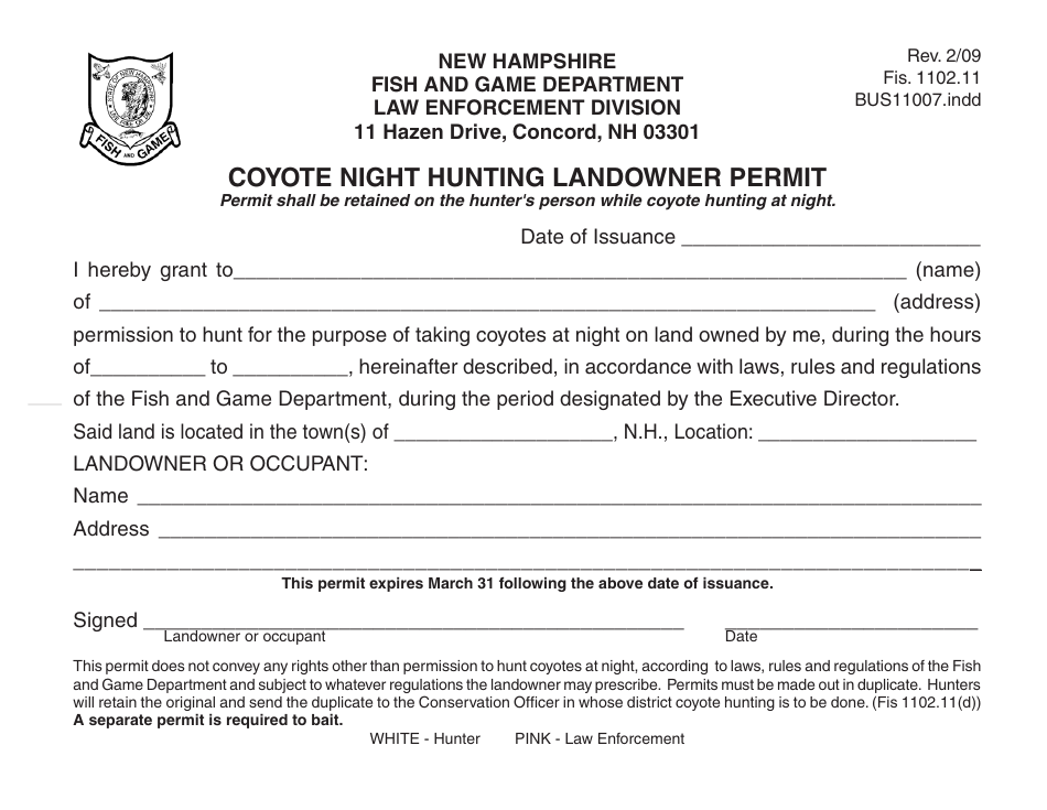 Form BUS11007 Coyote Night Hunting Landowner Permit - New Hampshire, Page 1