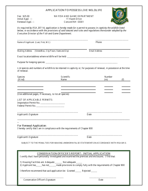 Application to Possess Live Wildlife - New Hampshire